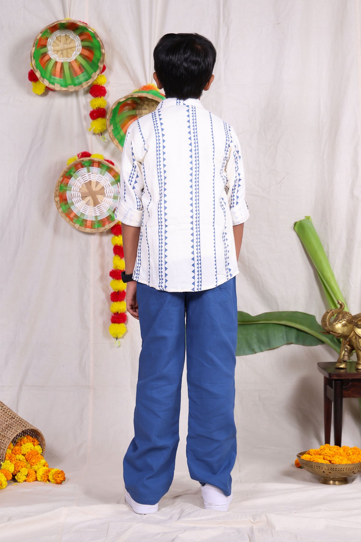 White and blue geometric designed shirt pant set with graphic t-shirt for boys