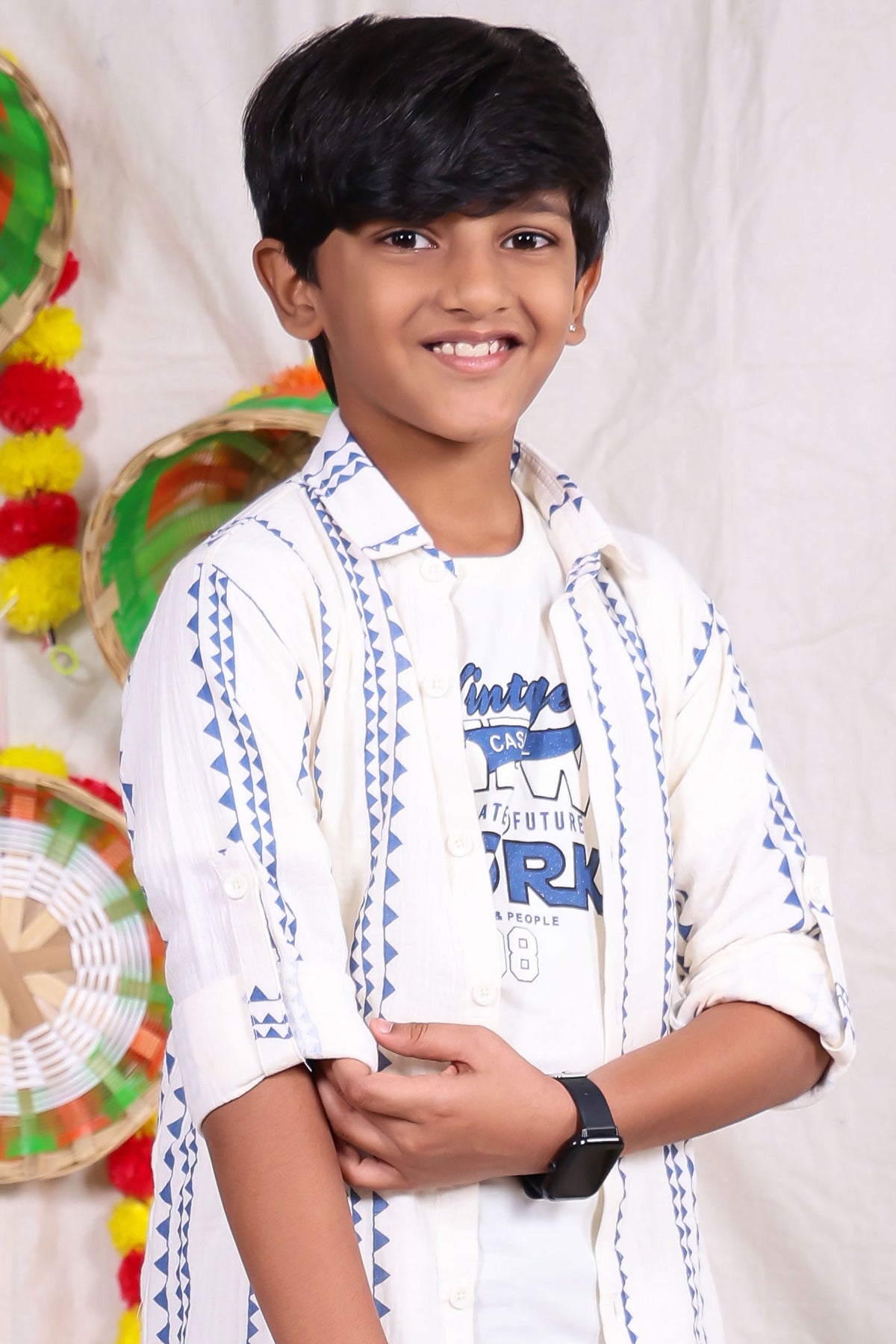 White and blue geometric designed shirt pant set with graphic t-shirt for boys