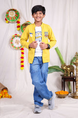Yellow and white car print Jacket pant set with t-shirt for boys