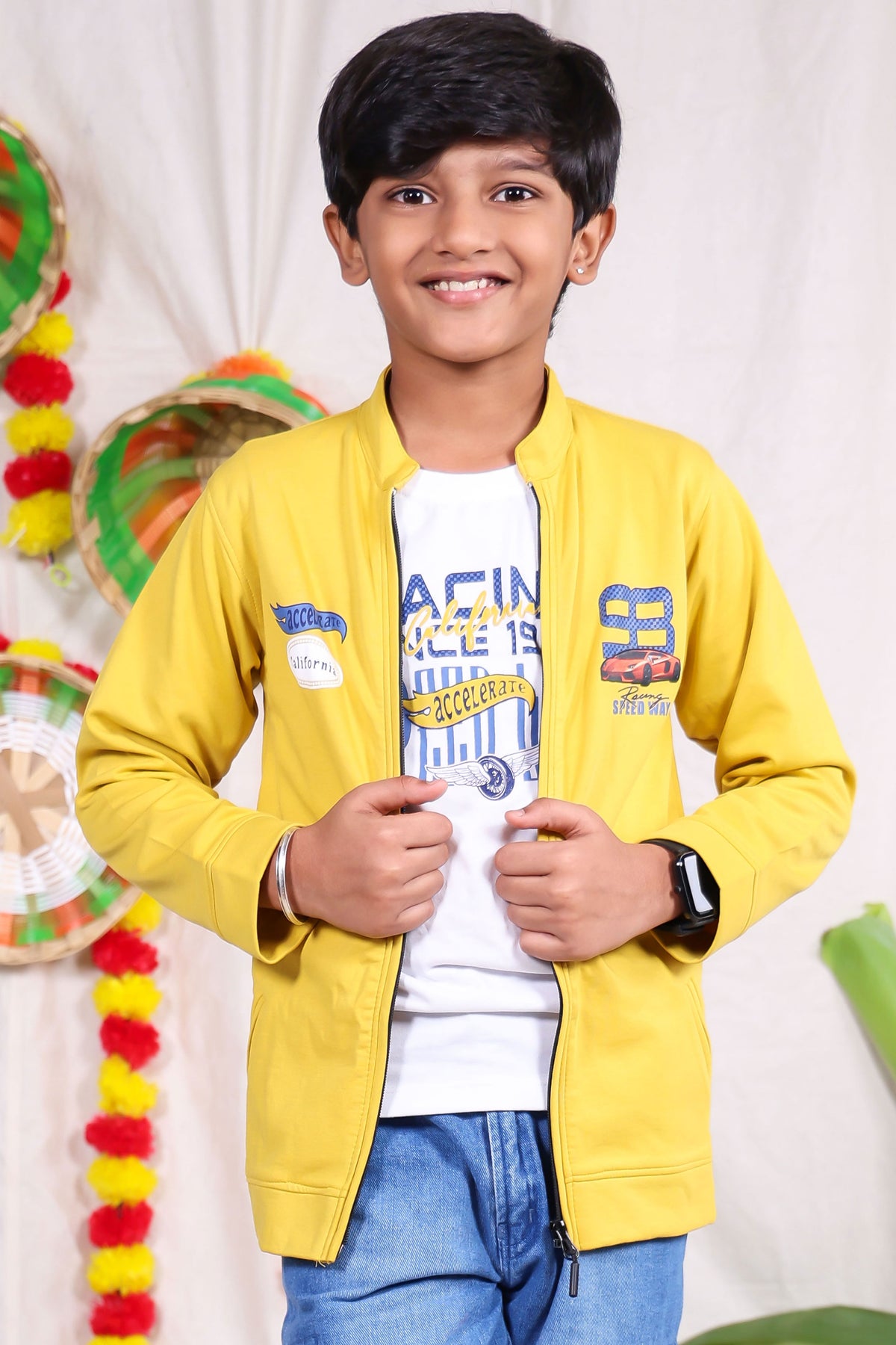 Yellow and white car print Jacket pant set with t-shirt for boys