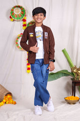 Brown and white car print Jacket pant set with t-shirt for boys
