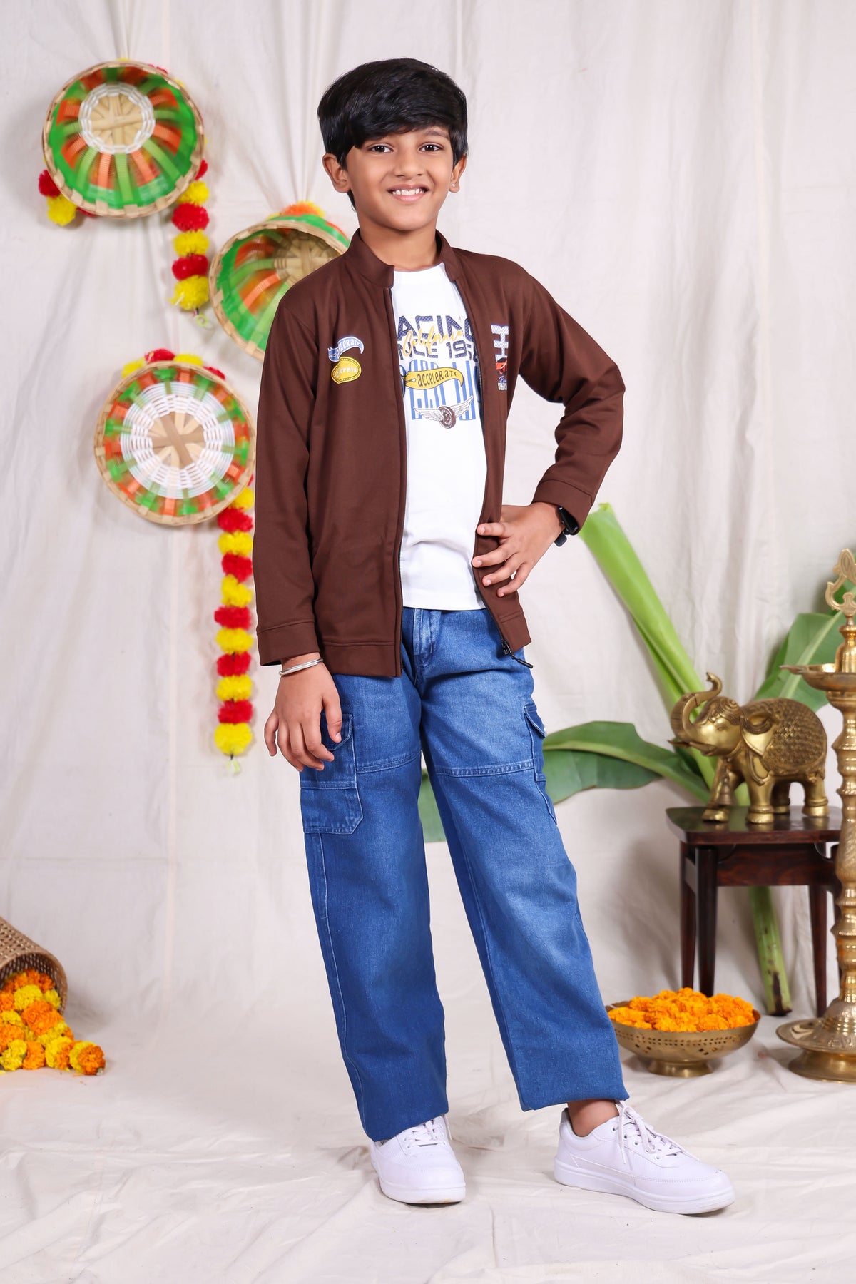 Brown and white car print Jacket pant set with t-shirt for boys