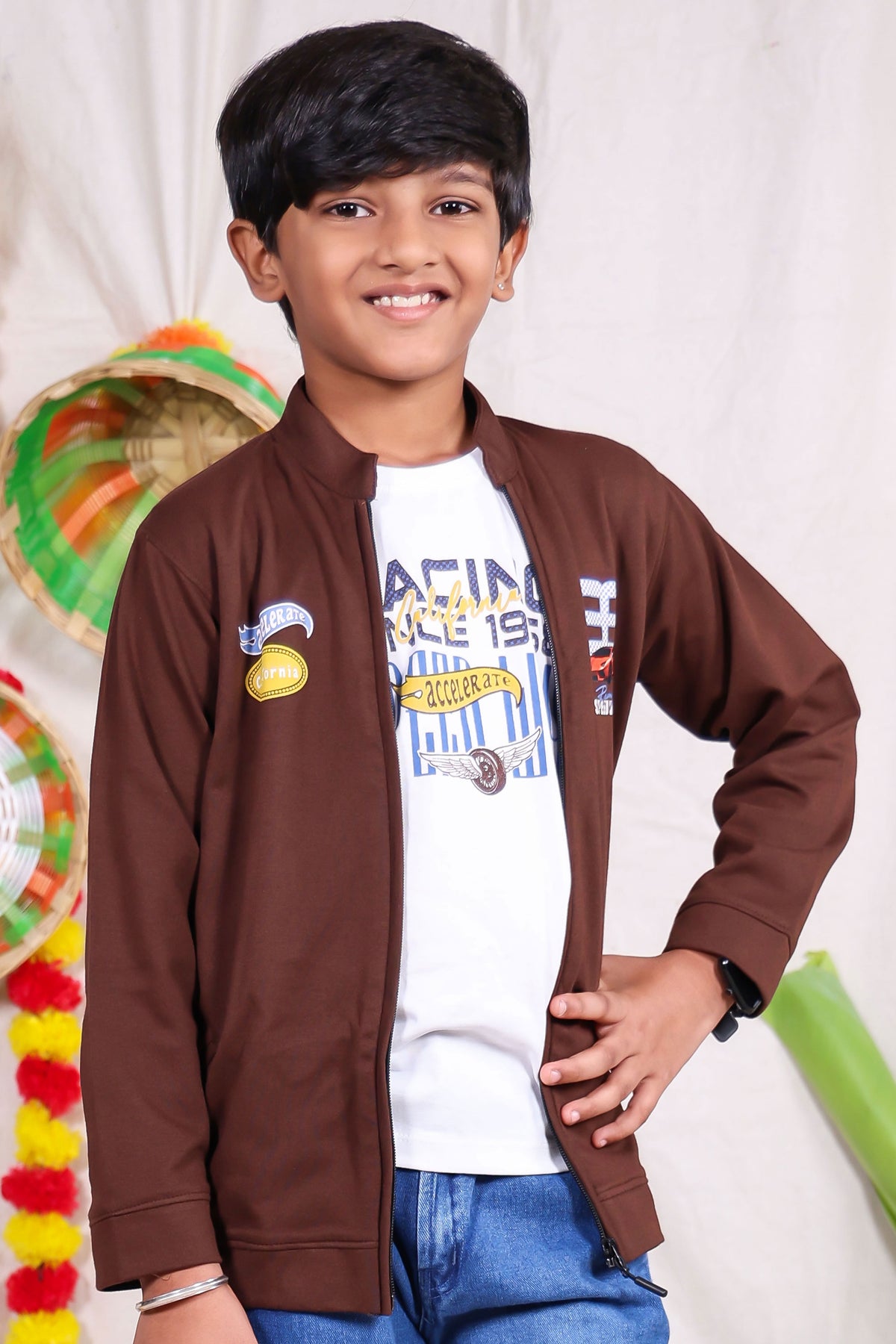 Brown and white car print Jacket pant set with t-shirt for boys