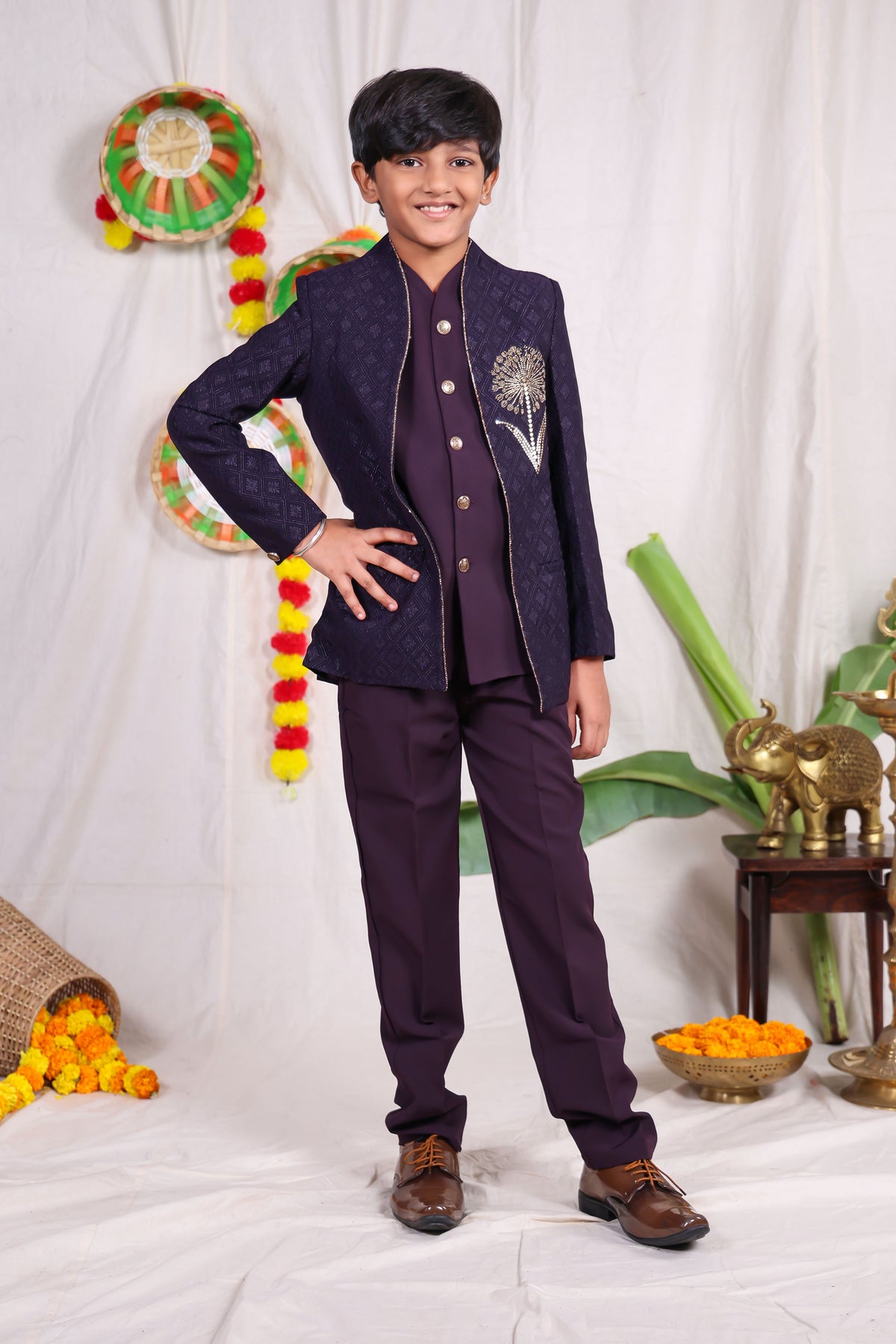 Violet boys suit set with gold piping and flower design