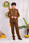 Brown boys suit set with gold piping and flower design