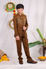 Brown boys suit set with gold piping and flower design