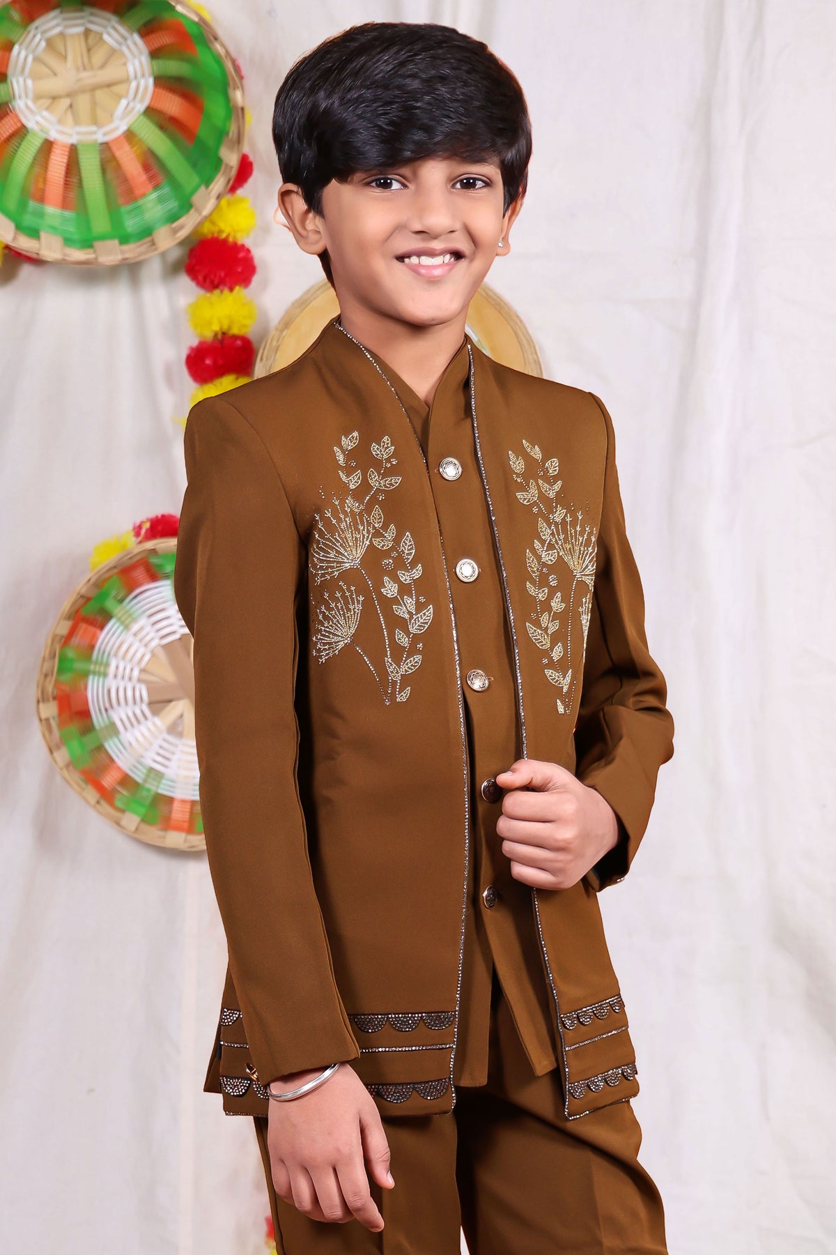 Brown boys suit set with gold piping and flower design