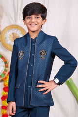 Blue boys suit set with gold piping and flower design