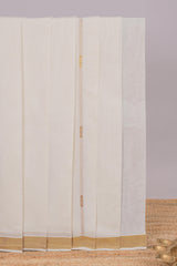 Cream zari striped design kerala cotton saree with self zari border and matching blouse