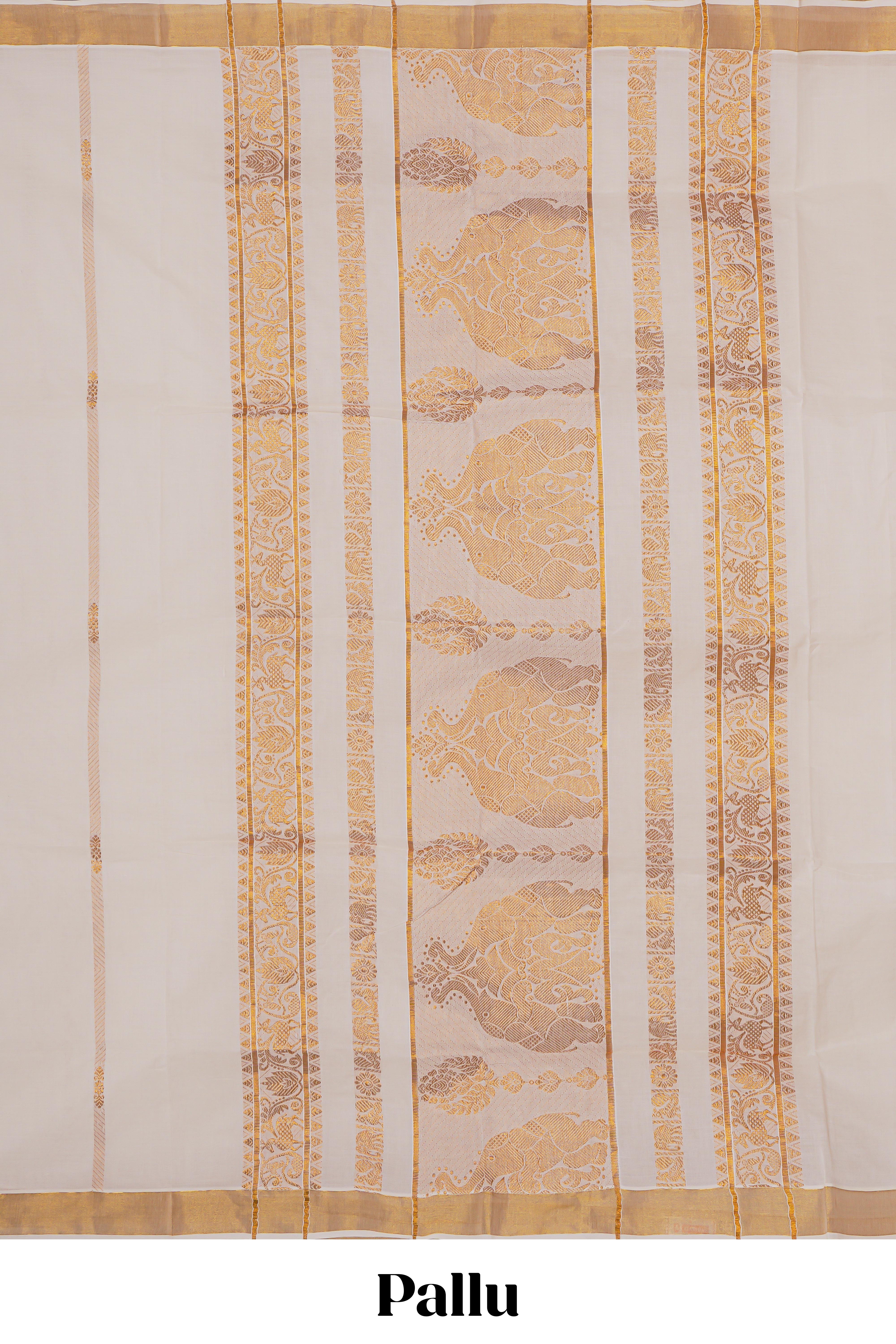 Cream zari striped design kerala cotton saree with self zari border and matching blouse