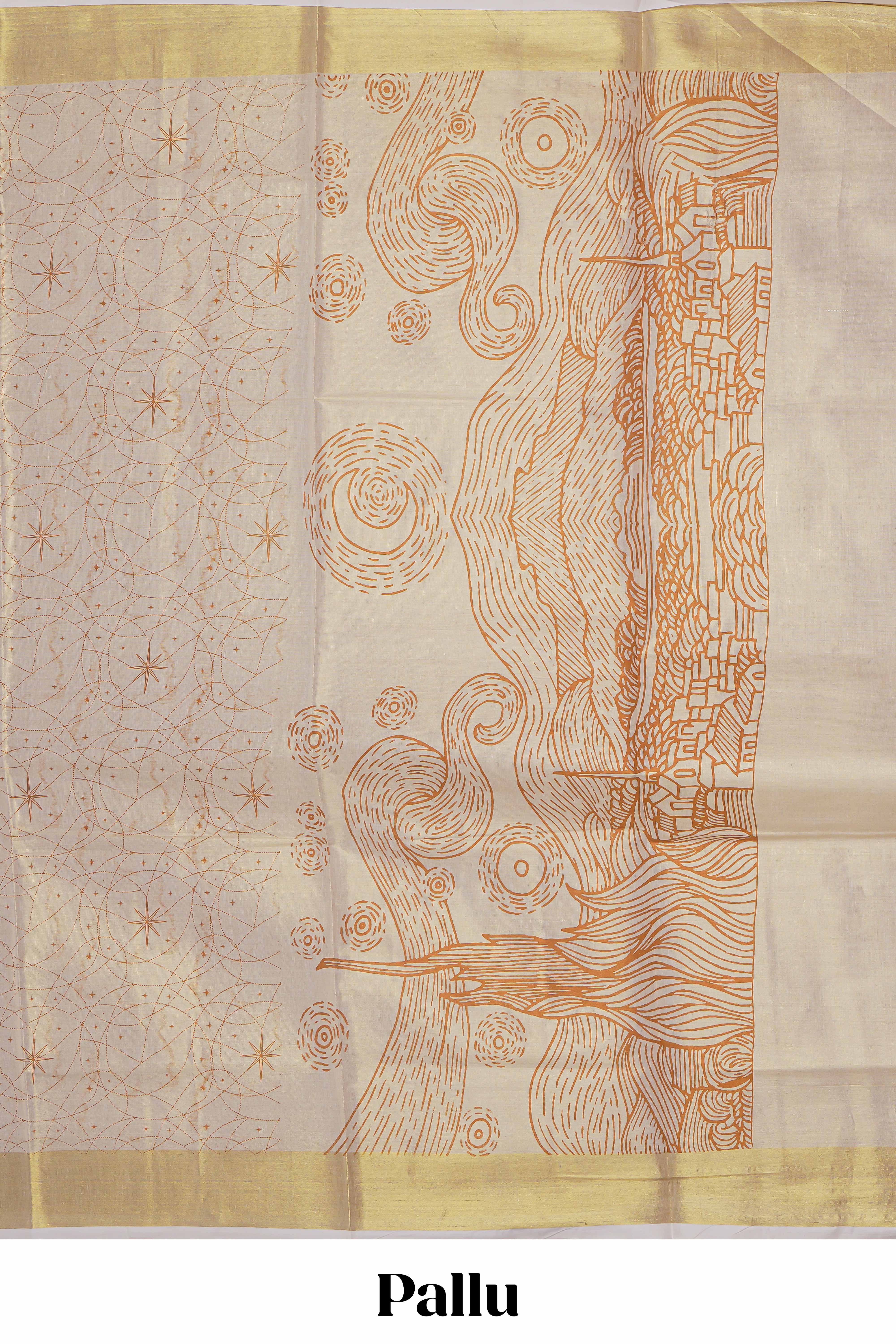 Cream unique design kerala cotton saree with self zari border and matching blouse