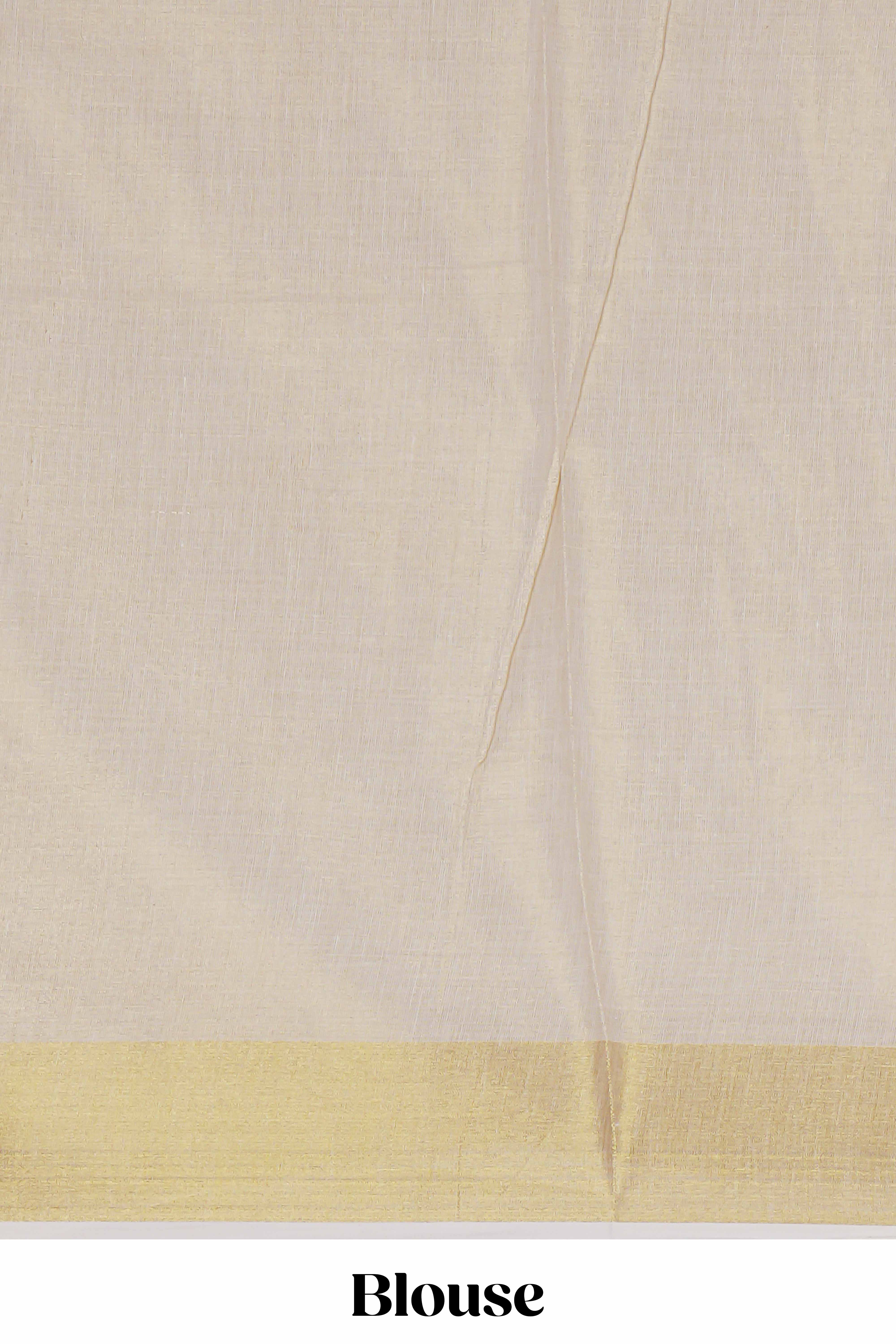 Cream unique design kerala cotton saree with self zari border and matching blouse