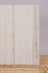 Cream zari striped design kerala cotton saree with self zari border and matching blouse