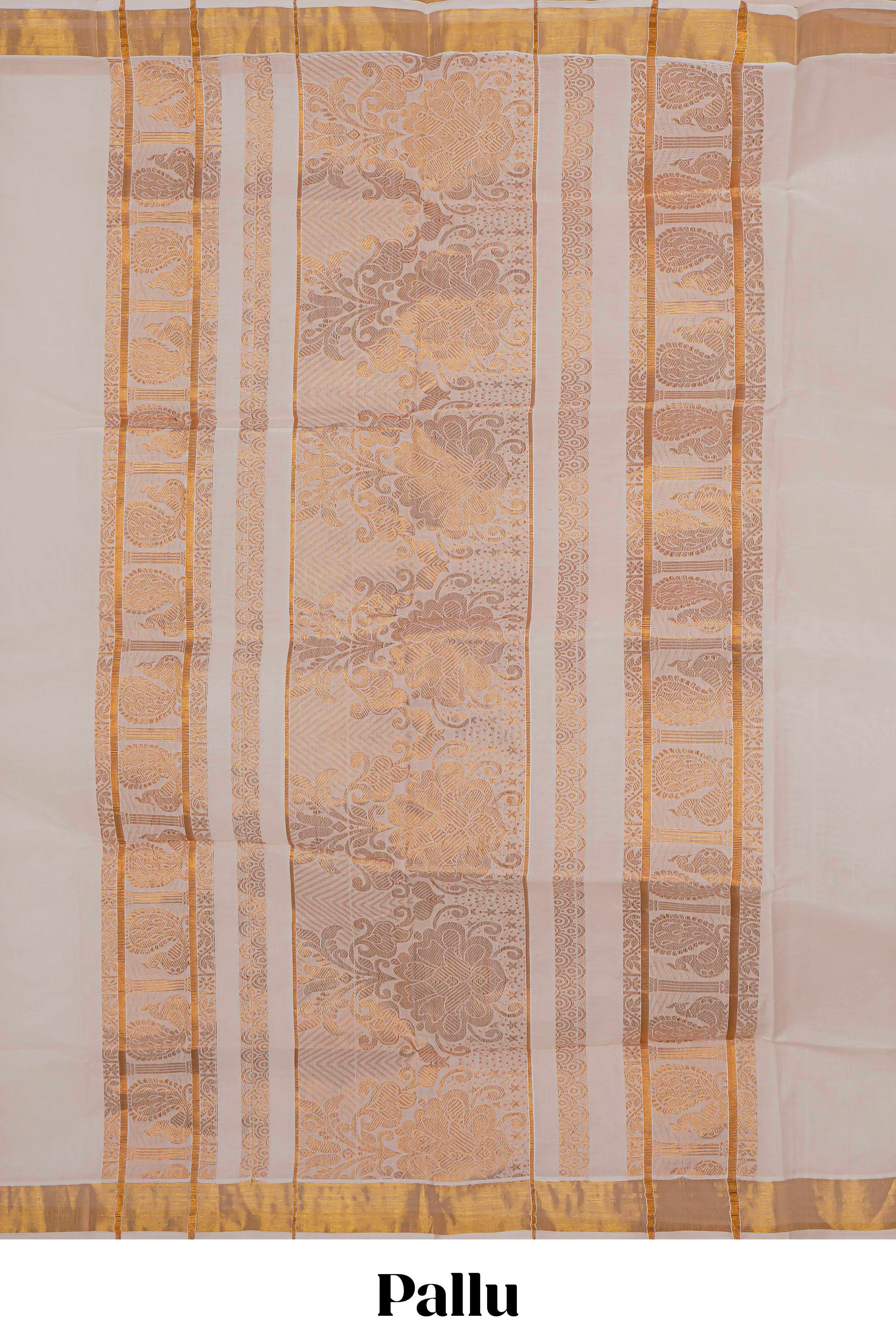 Cream zari striped design kerala cotton saree with self zari border and matching blouse
