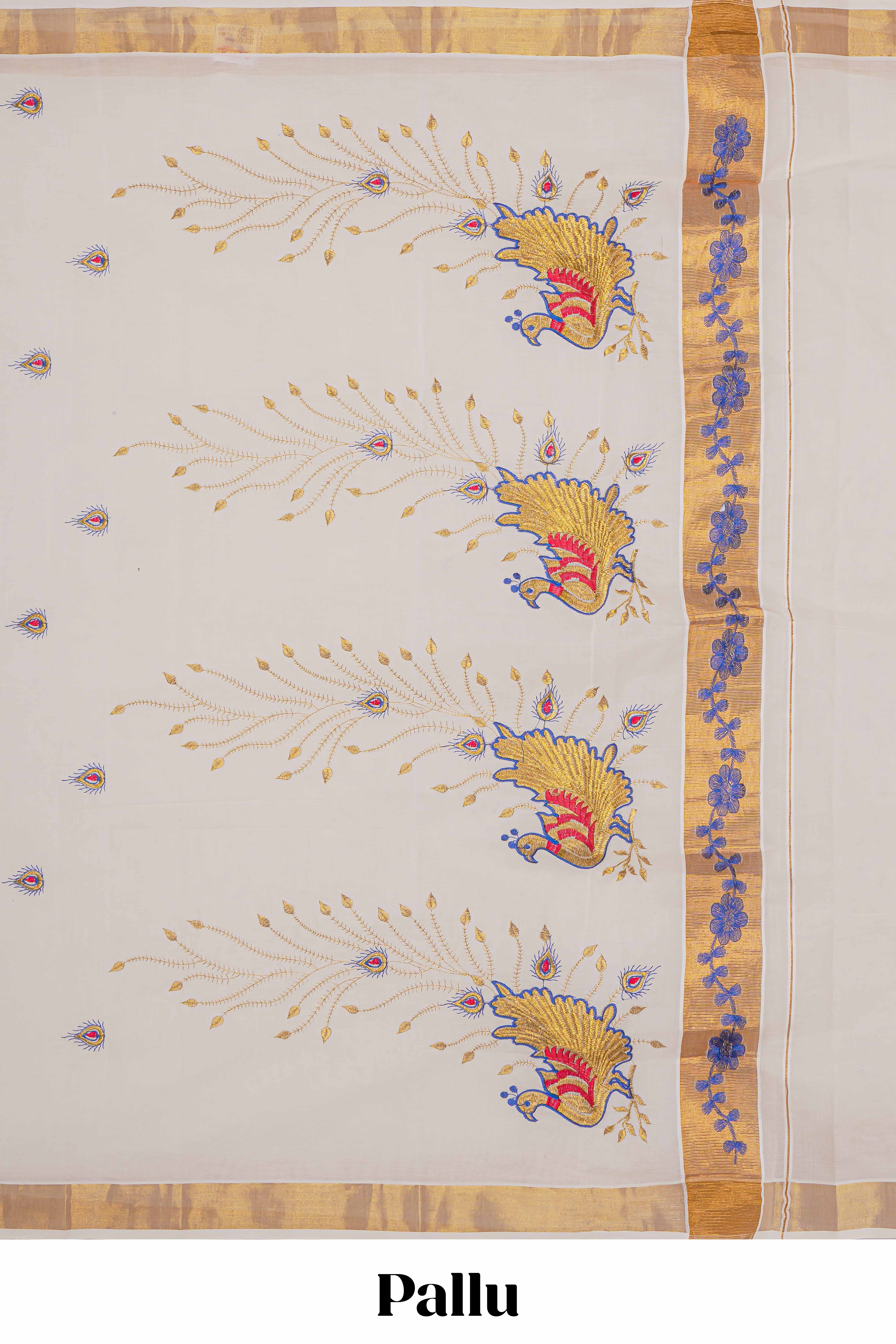 Cream plain design kerala cotton saree with self zari border and peacock design pallu