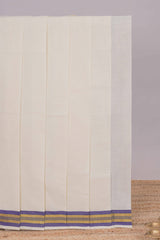 Cream plain design kerala cotton saree with self zari border and striped pallu