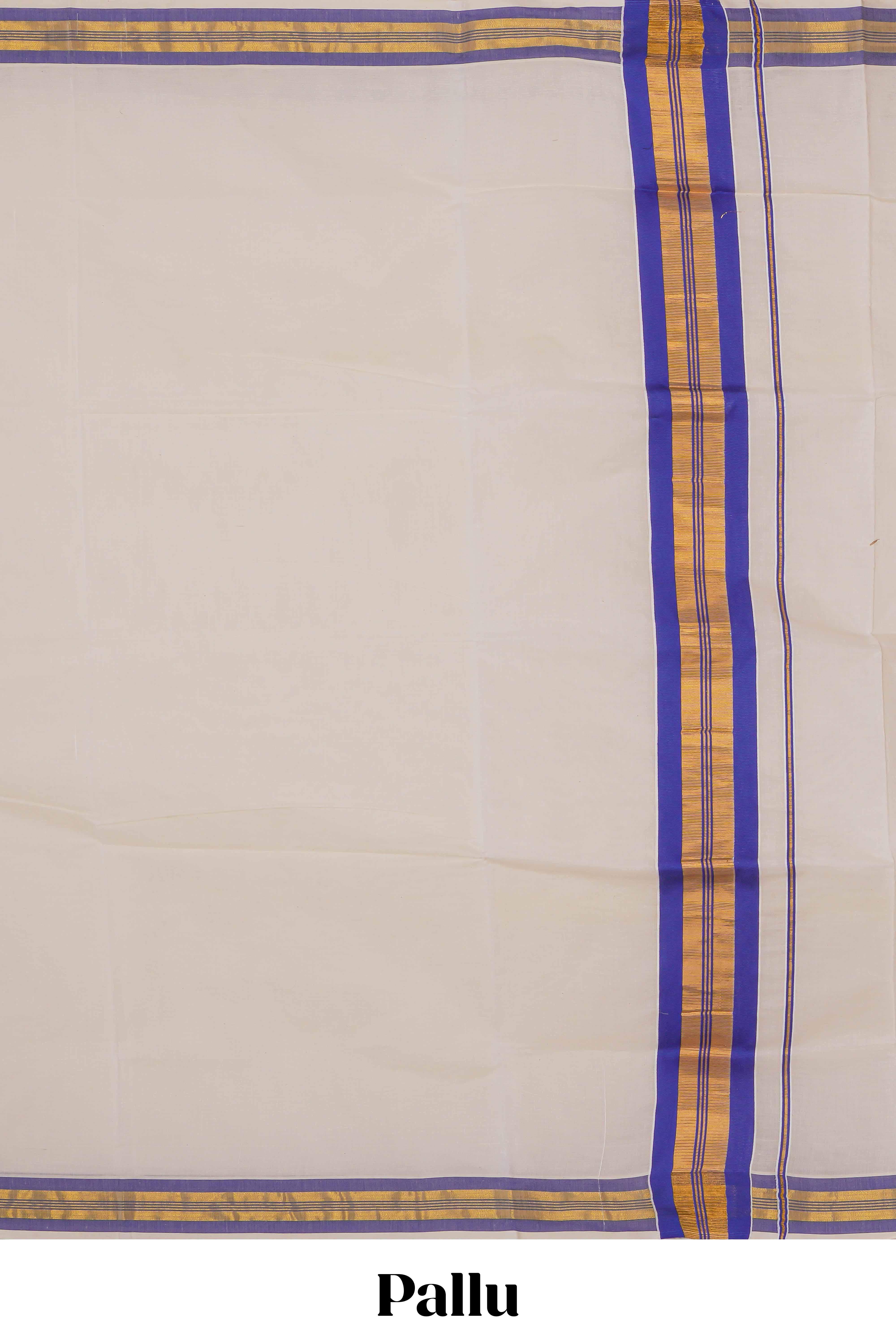 Cream plain design kerala cotton saree with self zari border and striped pallu