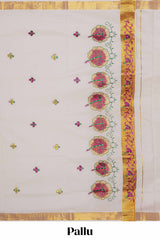 Cream floral design kerala cotton saree with self zari border and matching blouse