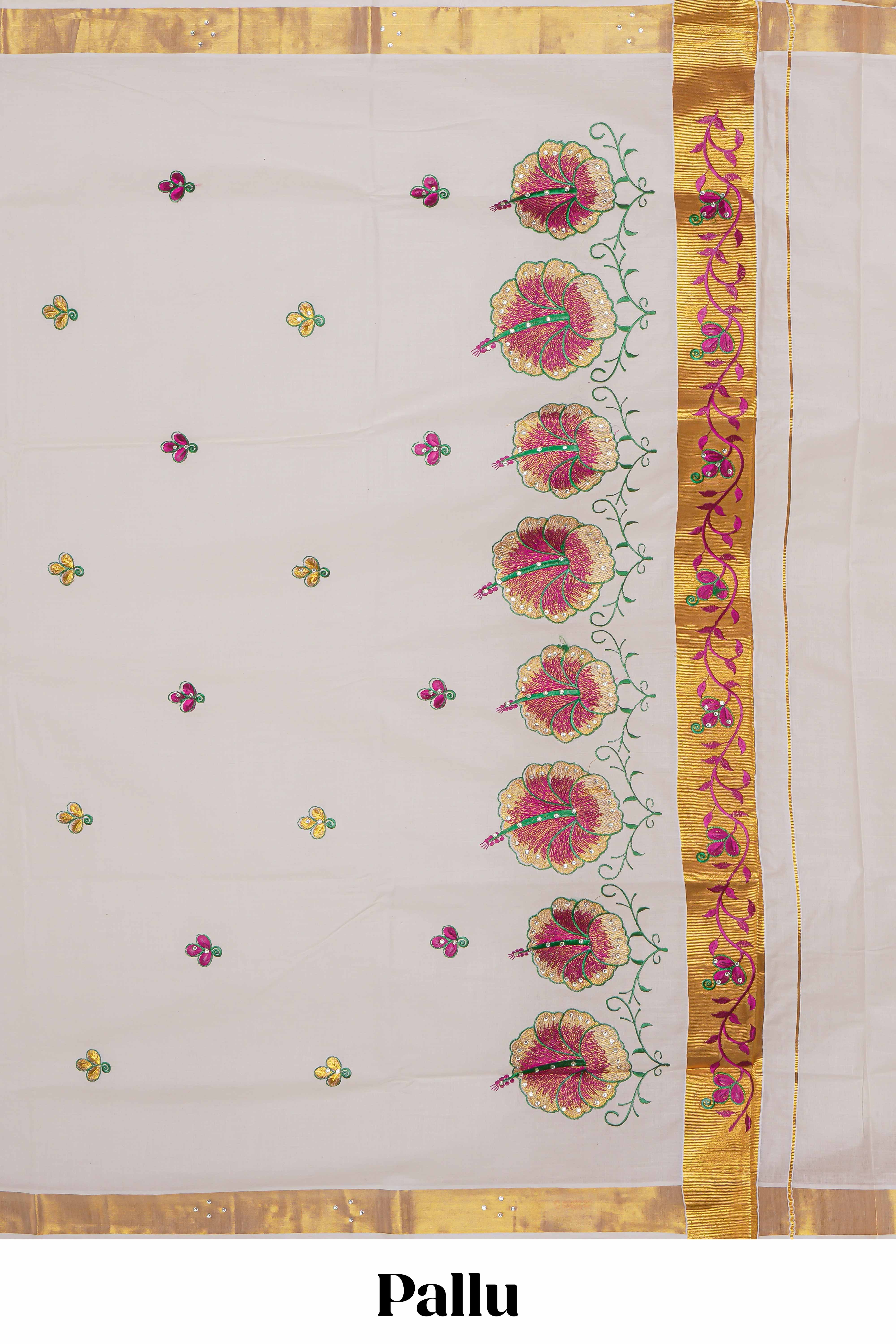 Cream floral design kerala cotton saree with self zari border and matching blouse