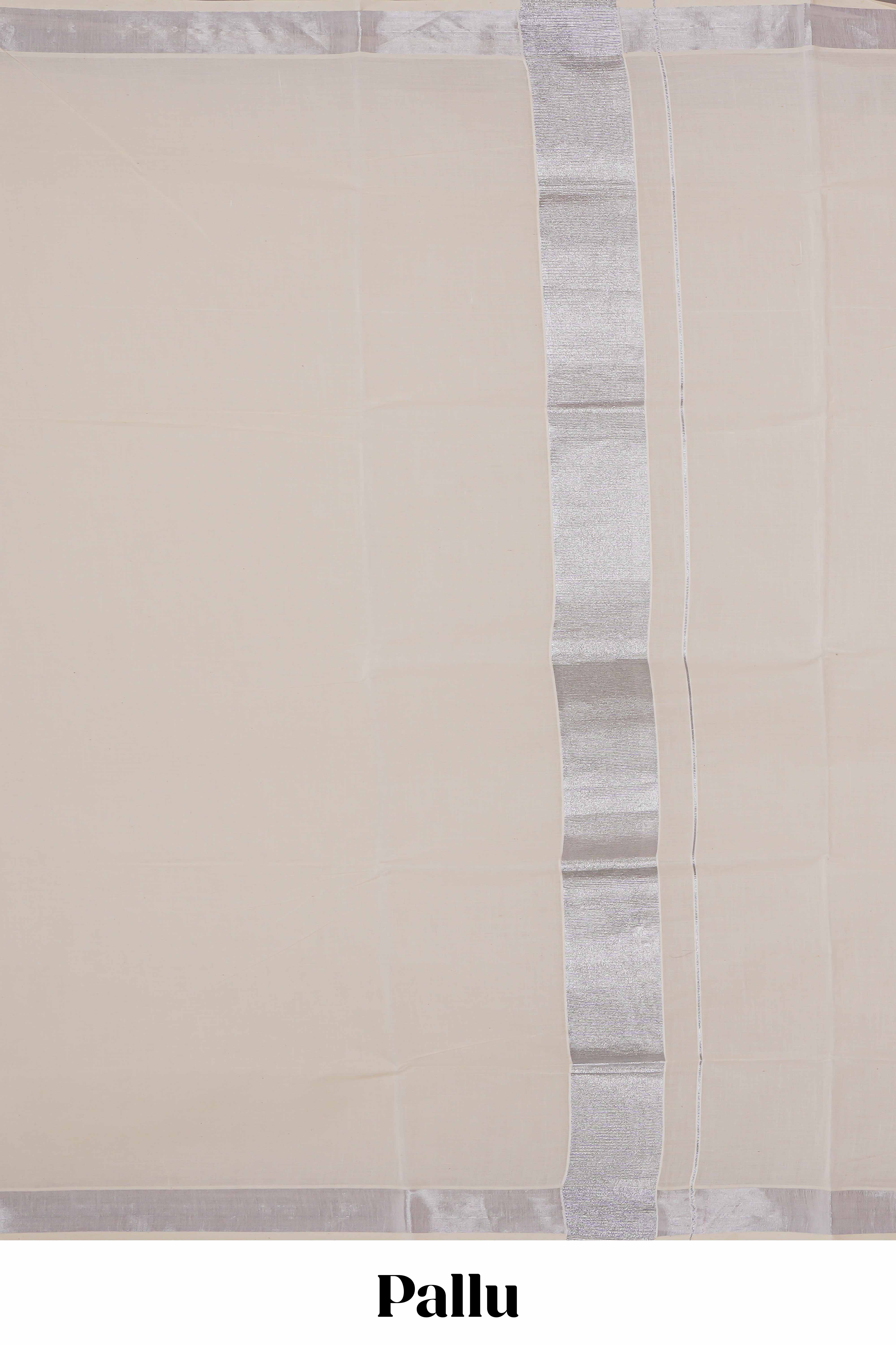 Cream plain design kerala cotton saree with self silver zari border and matching blouse