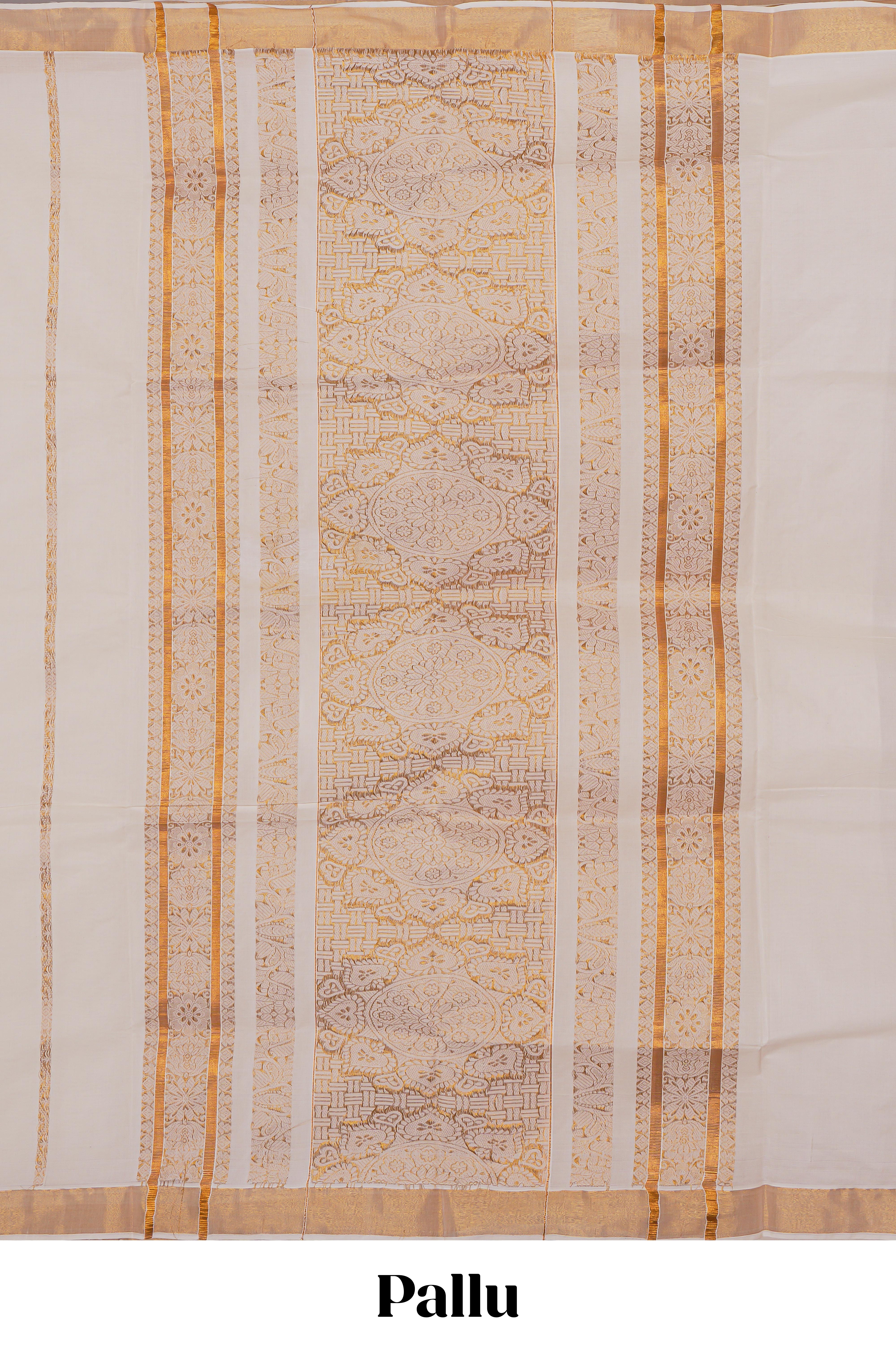 Cream plain design kerala cotton saree with self zari border and matching blouse