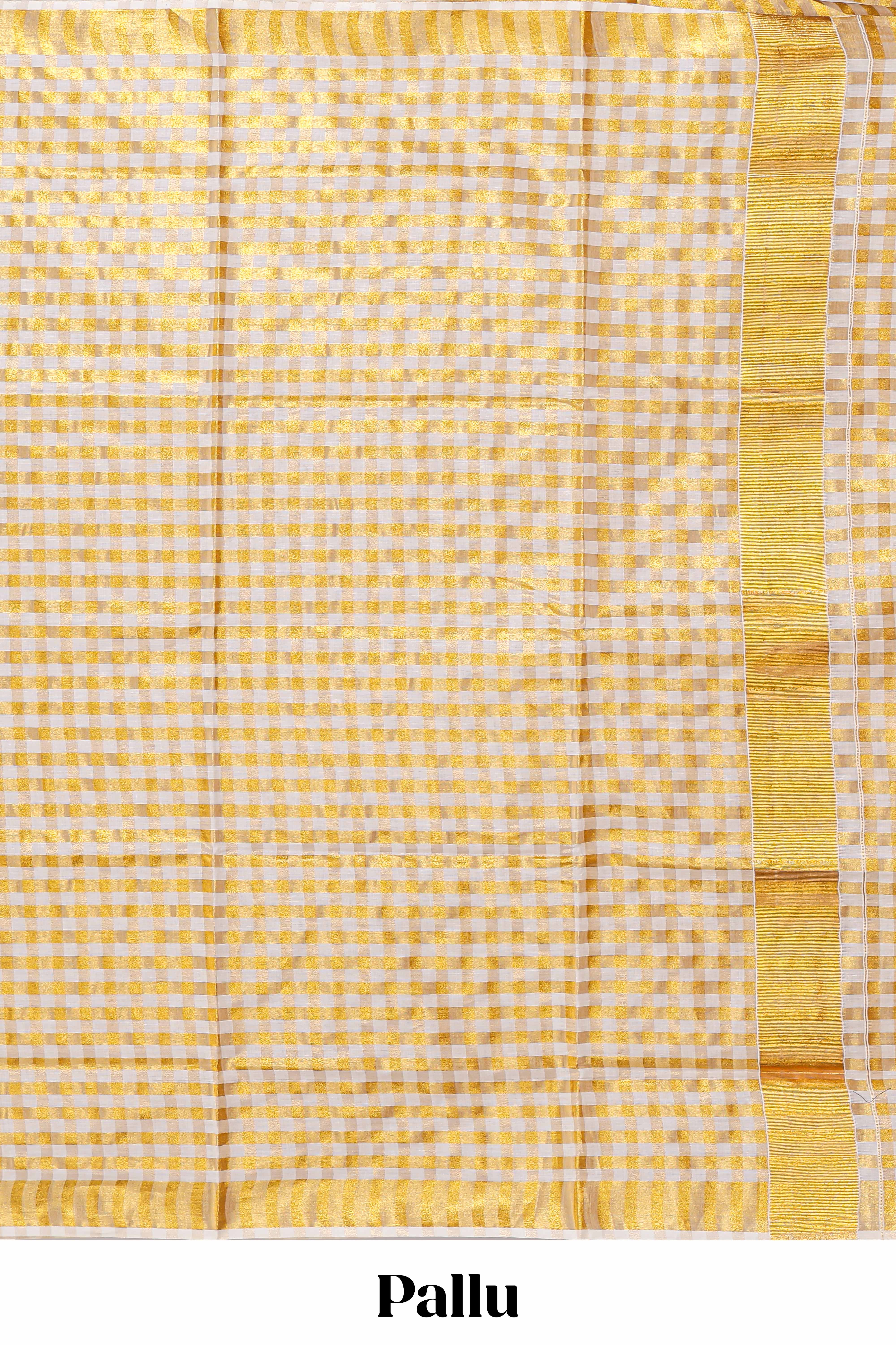 Cream golden zari checked design kerala cotton saree with self zari border and matching blouse
