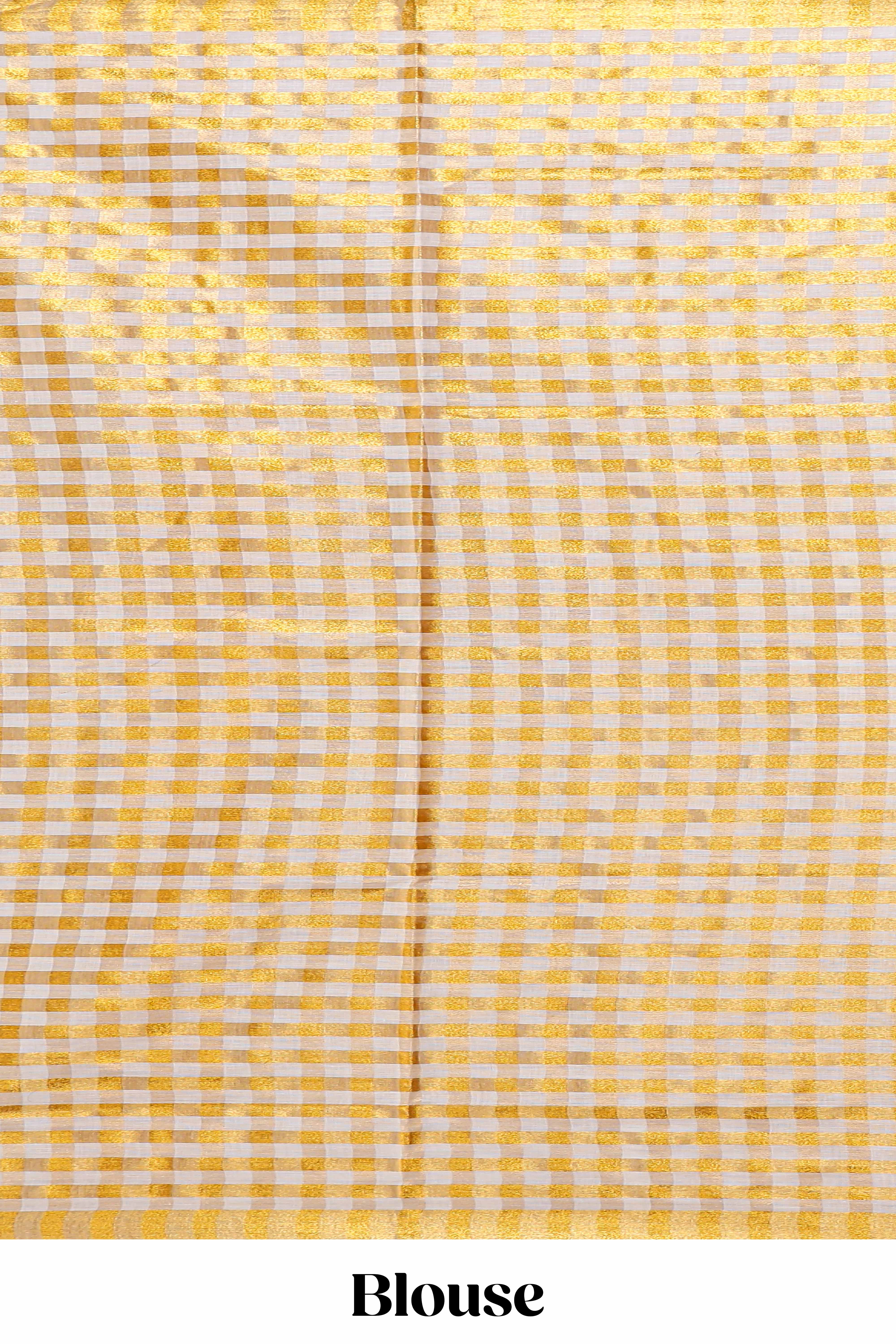 Cream golden zari checked design kerala cotton saree with self zari border and matching blouse