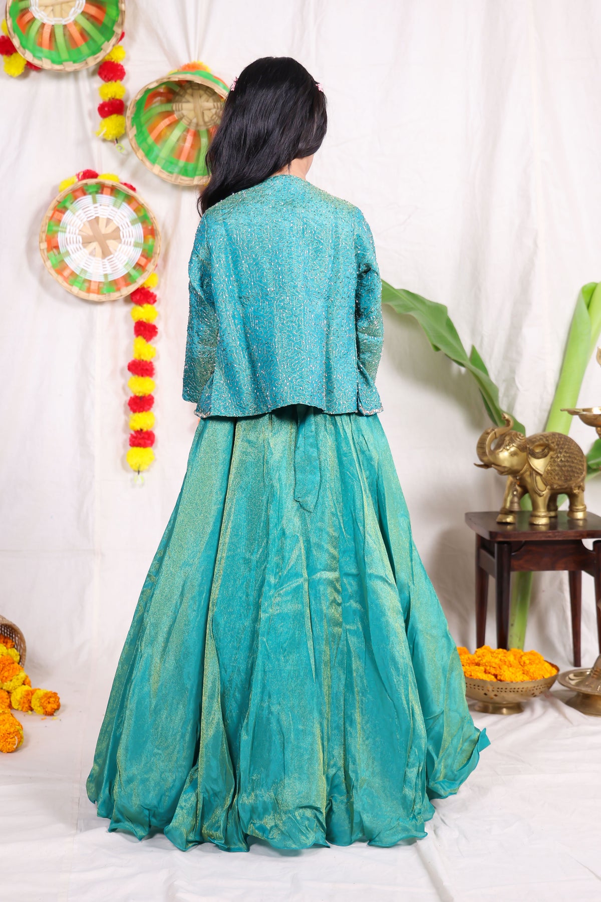 Girls Teal Green Foil Print Indo Western Lehenga Gown with Matching Embroidered Shrug Jacket