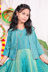 Girls Teal Green Foil Print Indo Western Lehenga Gown with Matching Embroidered Shrug Jacket