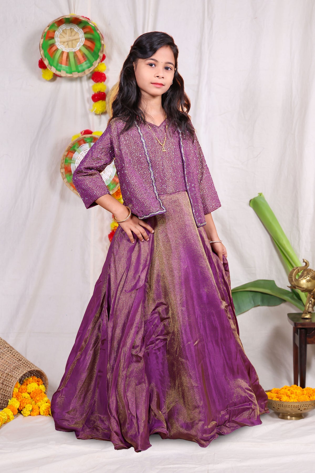 Girls purple foil print indo Western lehenga gown with matching embroidered shrug jacket