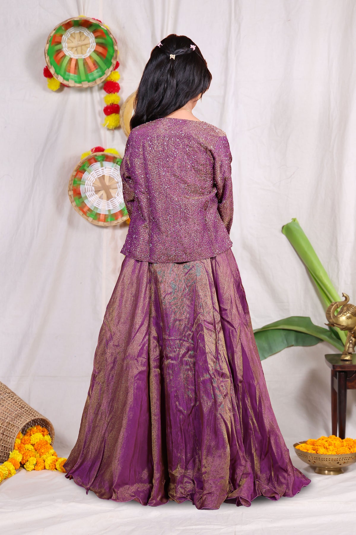 Girls purple foil print indo Western lehenga gown with matching embroidered shrug jacket