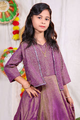 Girls purple foil print indo Western lehenga gown with matching embroidered shrug jacket