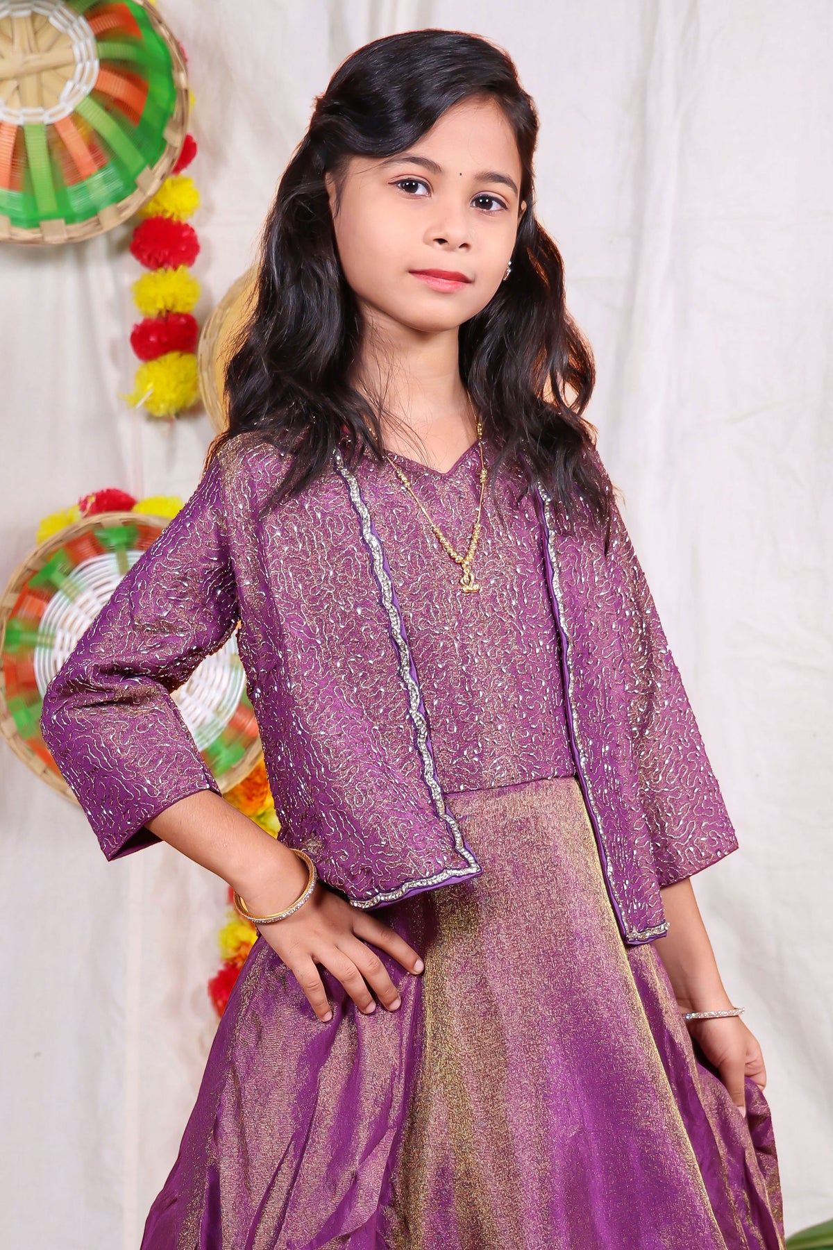 Girls purple foil print indo Western lehenga gown with matching embroidered shrug jacket