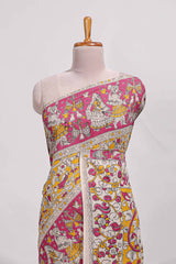 yellow kalamkari printed cotton saree with traditional floral motifs and contrast pallu