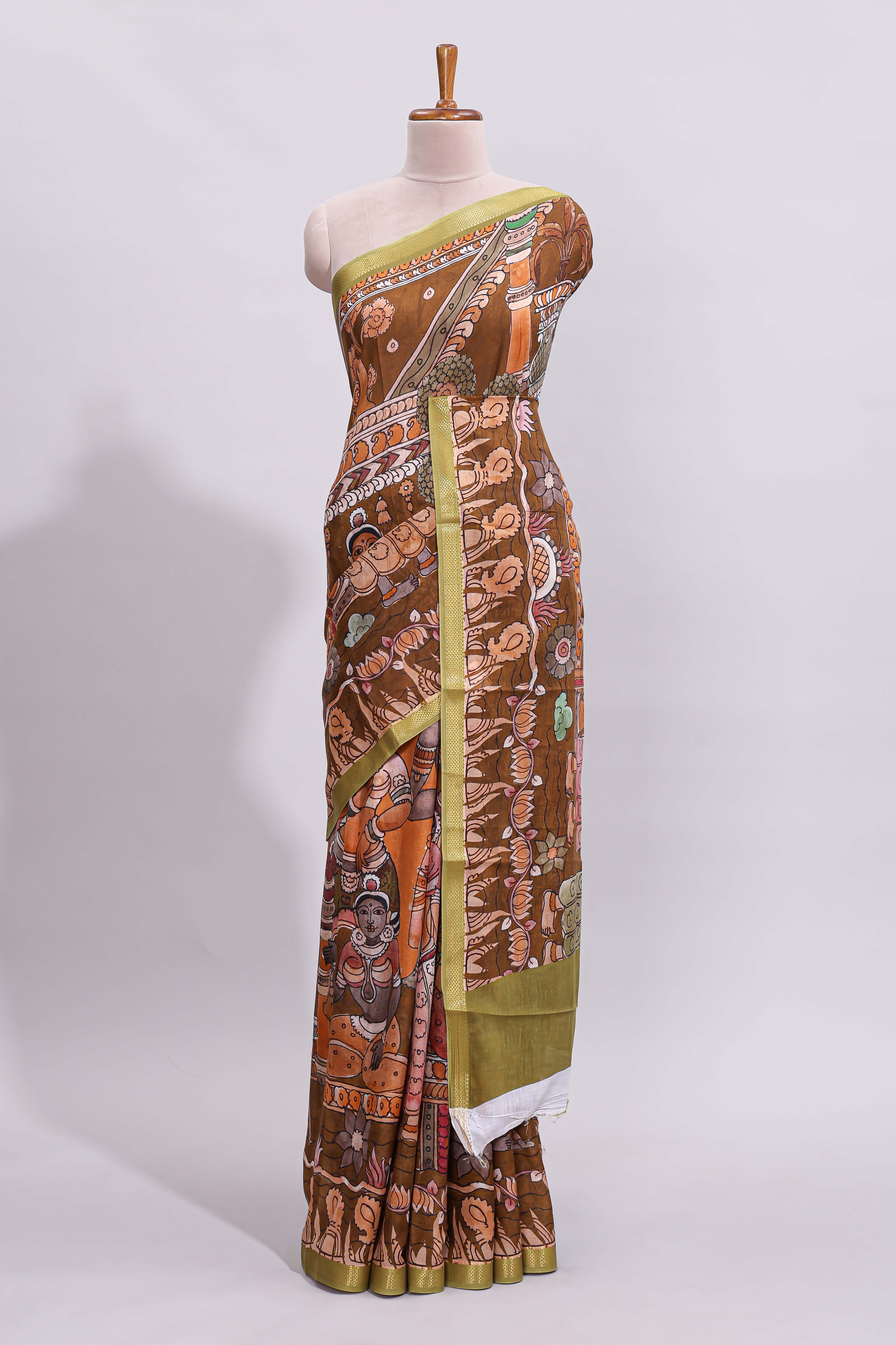 Brown mythological & traditional motifs kalamkari cotton saree with contrast zari border and motifs blouse
