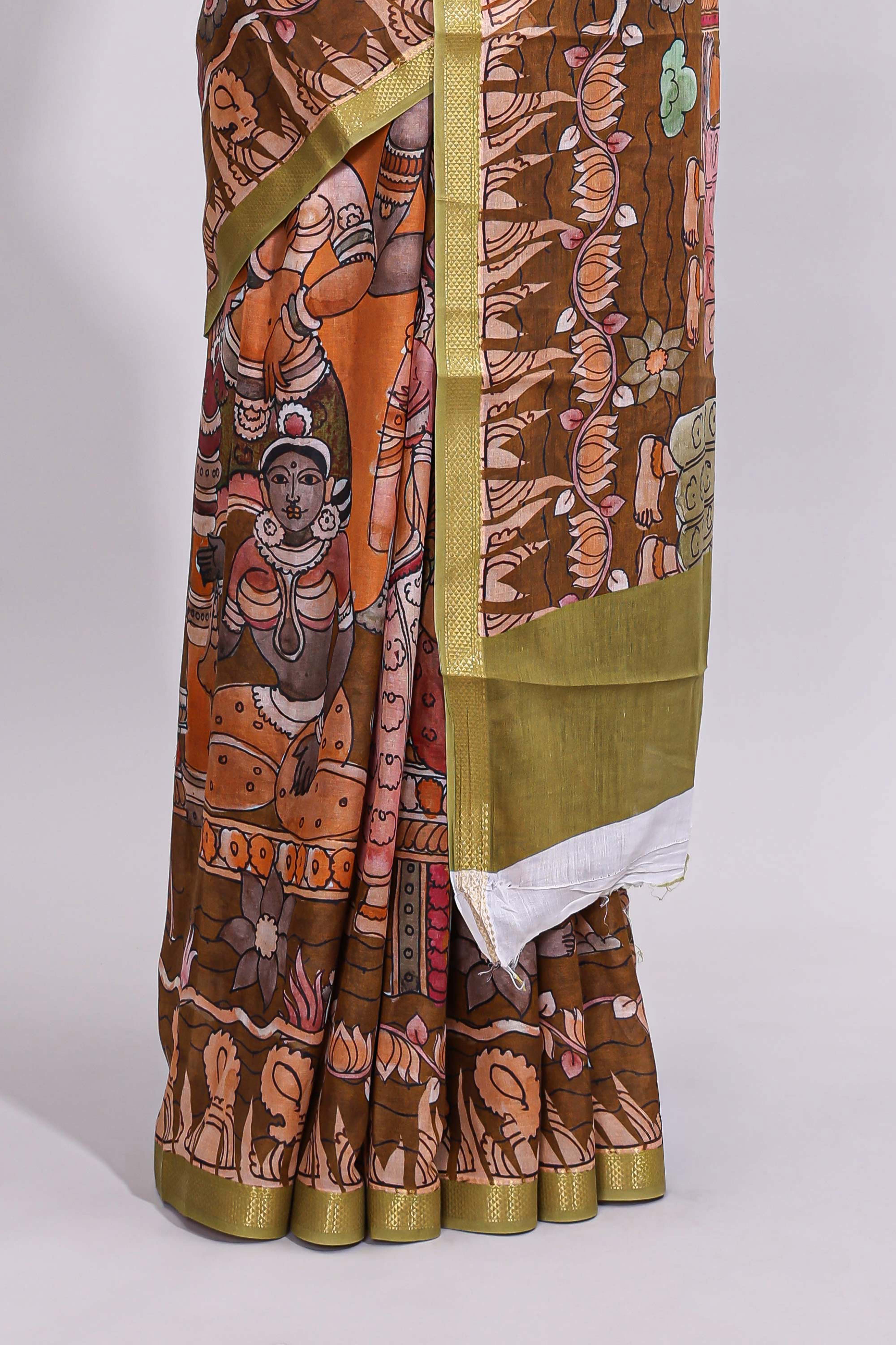 Brown mythological & traditional motifs kalamkari cotton saree with contrast zari border and motifs blouse