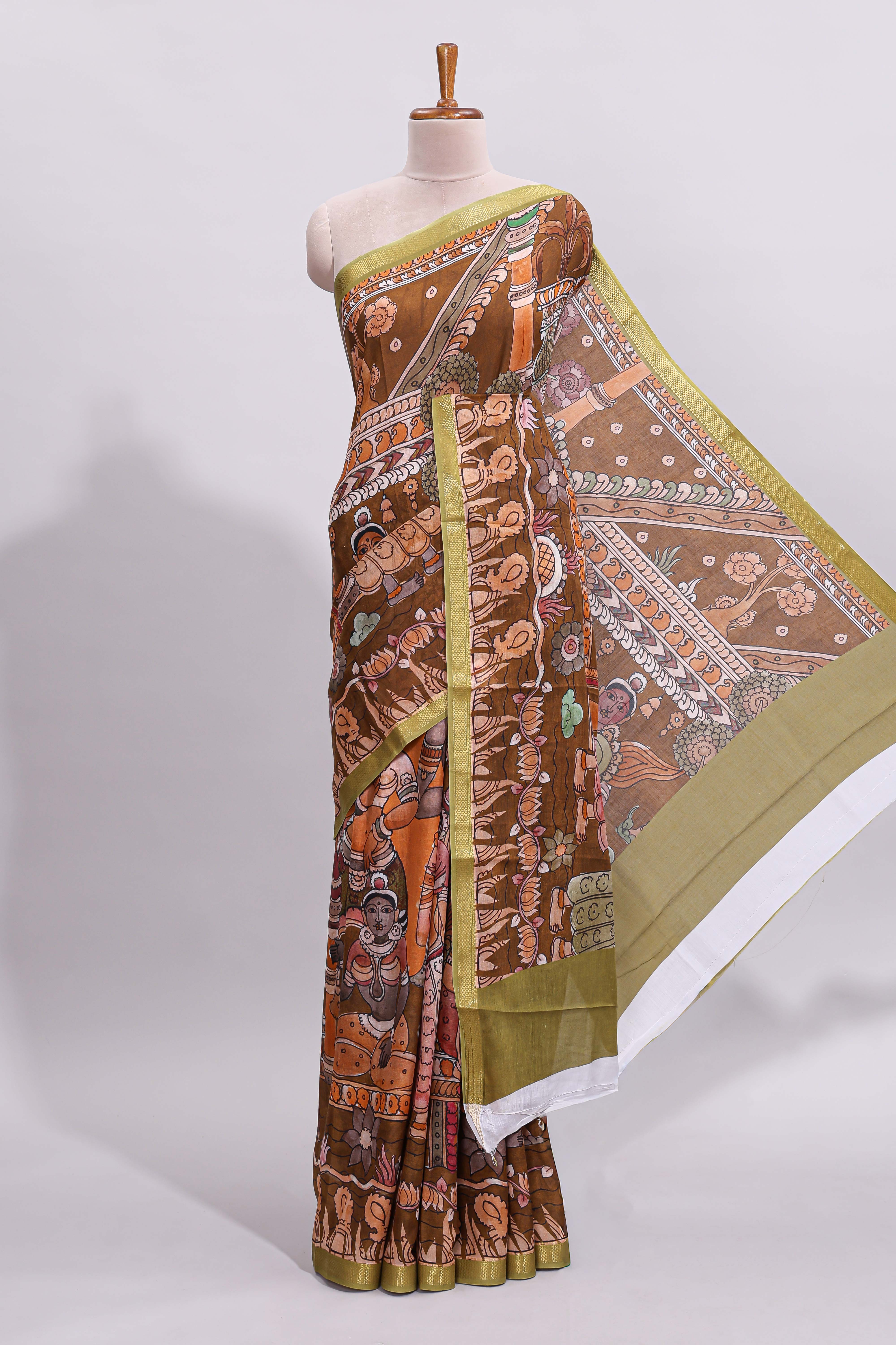 Brown mythological & traditional motifs kalamkari cotton saree with contrast zari border and motifs blouse