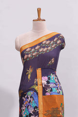 Violet traditional motifs kalamkari cotton saree with contrast zari border and motifs blouse
