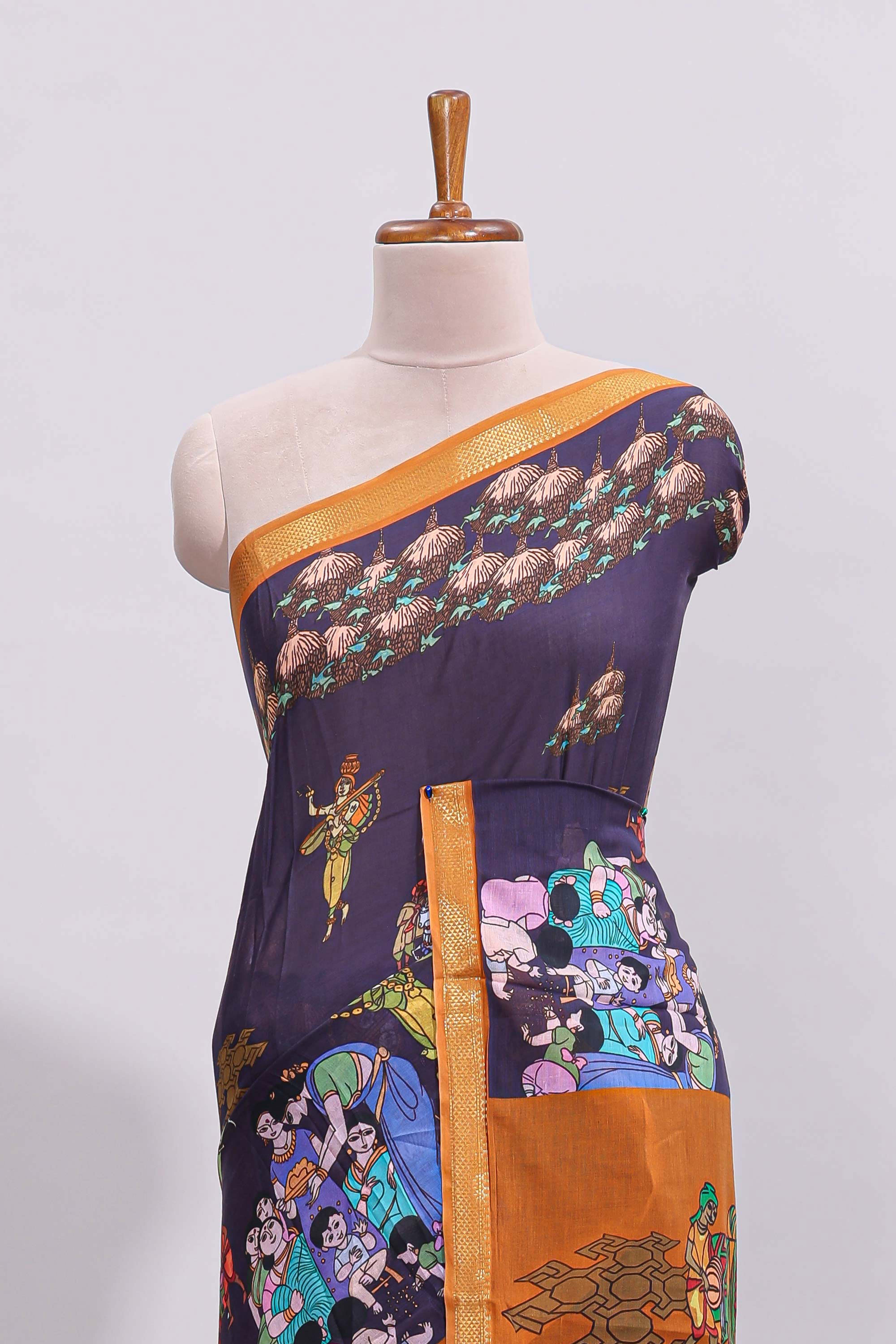 Violet traditional motifs kalamkari cotton saree with contrast zari border and motifs blouse