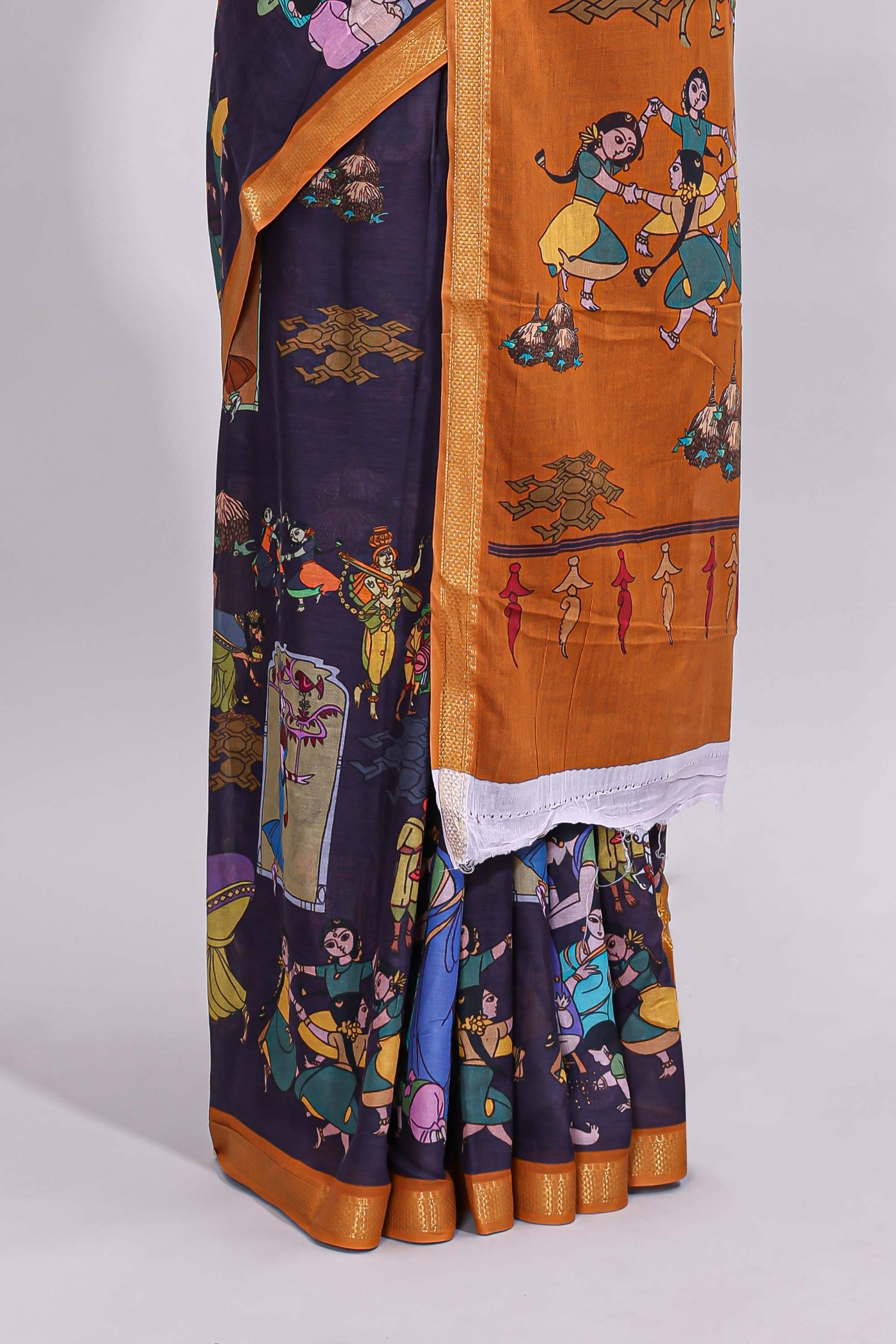 Violet traditional motifs kalamkari cotton saree with contrast zari border and motifs blouse