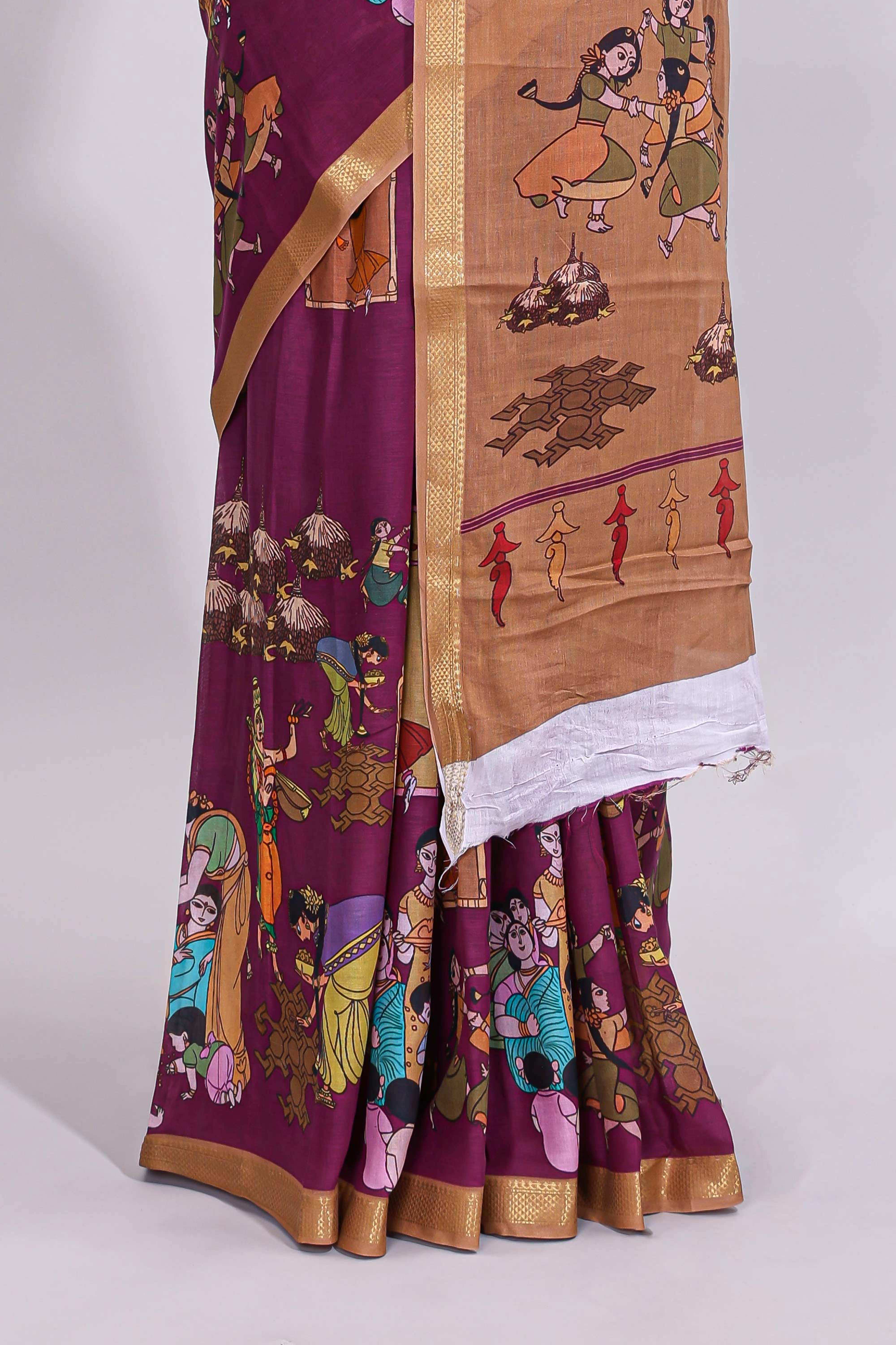 Purple traditional motifs kalamkari cotton saree with contrast zari border and motifs blouse