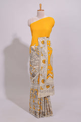 Yellow hand painted peacock & floral design kalamkari cotton saree with contrast border and floral printed blouse