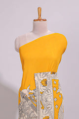 Yellow hand painted peacock & floral design kalamkari cotton saree with contrast border and floral printed blouse