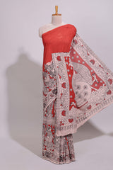 Red hand painted peacock & floral design kalamkari cotton saree with contrast border and floral printed blouse