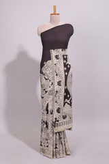 Black hand painted peacock & floral design kalamkari cotton saree with contrast border and floral printed blouse