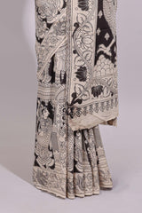 Black hand painted peacock & floral design kalamkari cotton saree with contrast border and floral printed blouse