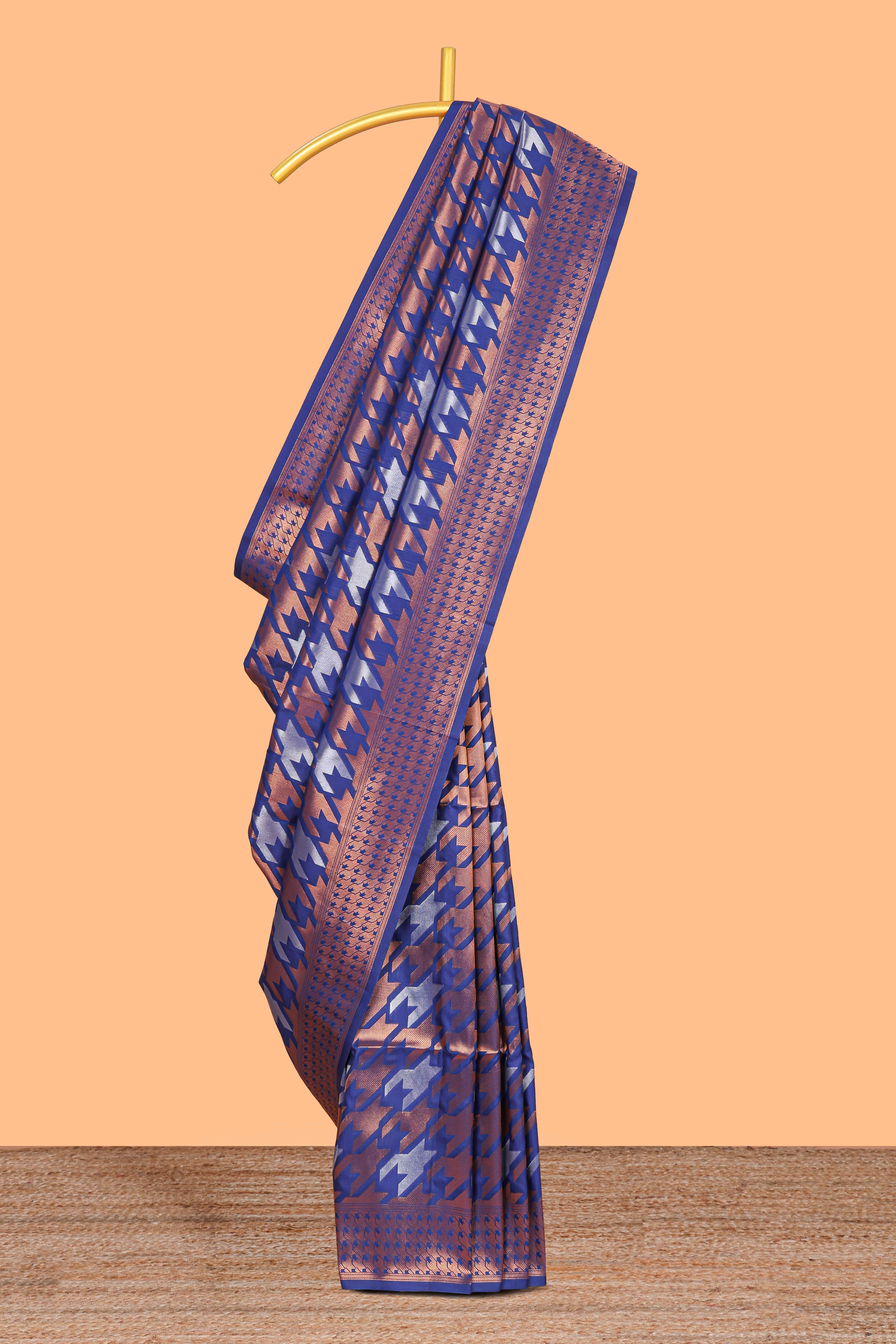 Royal Blue Katan SilkSaree with Rich Zari Woven Geometric border and Pallu along with Matching Blouse