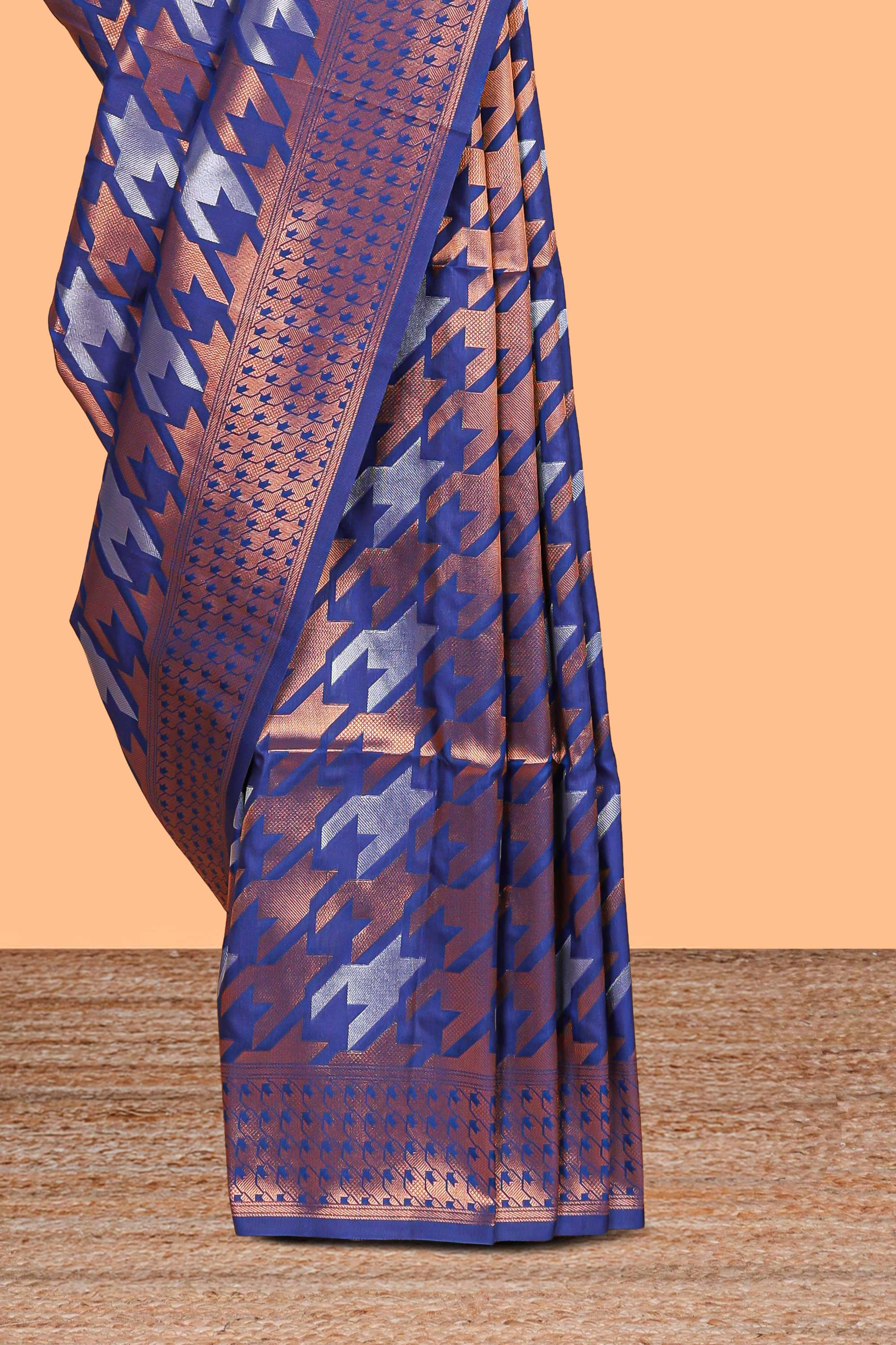 Royal Blue Katan SilkSaree with Rich Zari Woven Geometric border and Pallu along with Matching Blouse