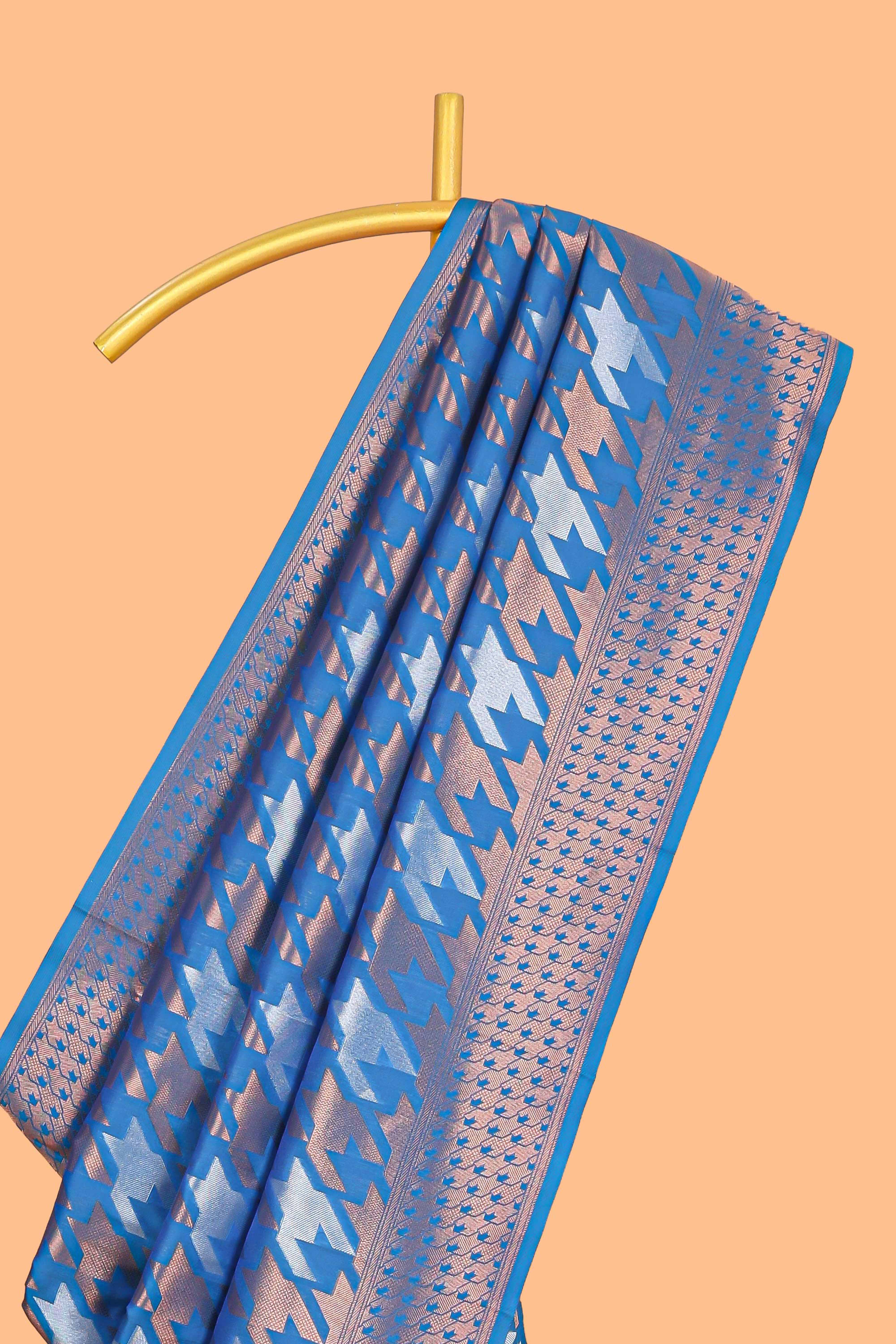 Blue Katan SilkSaree with Rich Zari Woven Geometric border and Pallu along with Matching Blouse