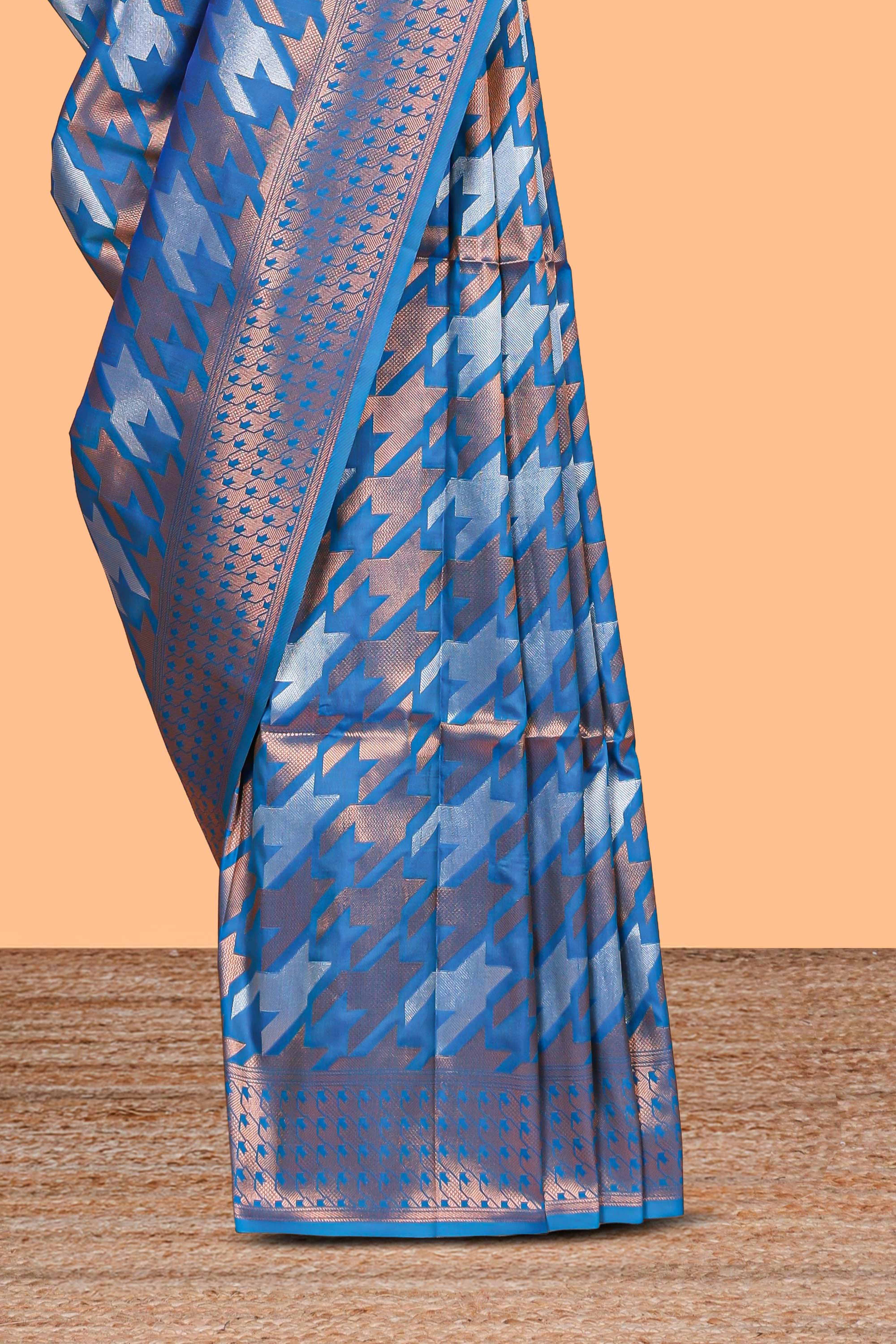 Blue Katan SilkSaree with Rich Zari Woven Geometric border and Pallu along with Matching Blouse